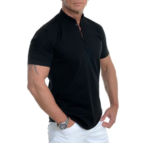 

new arrivals t shirt men's short sleeve shirt smart grandad collar loops cotton white black t-shirt blouse high quality