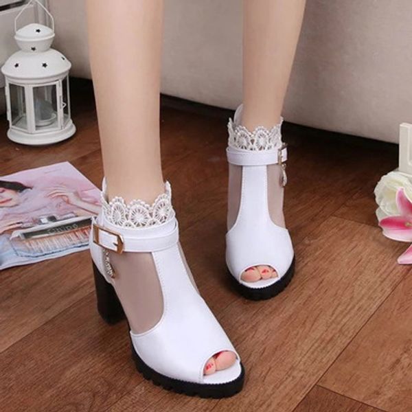 2019 new fashion fish elegant lace mesh openwork chunky heel shoes, Black
2019 new fashion fish elegant lace mesh openwork chunky heel shoes, Black
