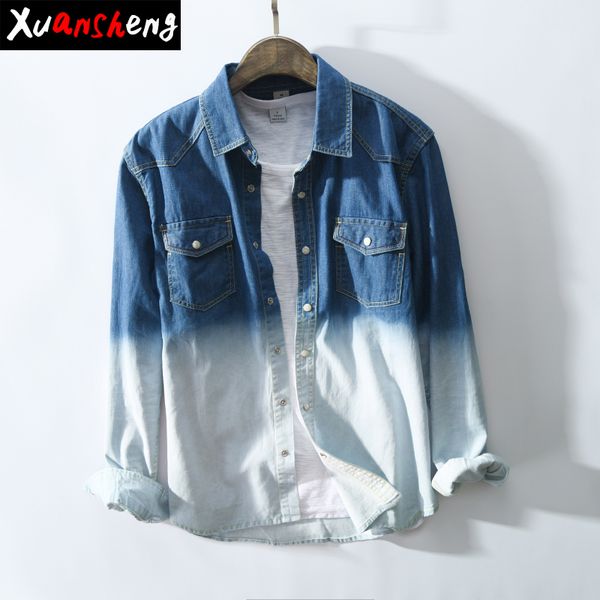 gradient personality men's denim shirt 2019 new spring and autumn long-sleeved blue classic fashion color streetwear denim shirt, White;black
gradient personality men's denim shirt 2019 new spring and autumn long-sleeved blue classic fashion color streetwear denim shirt, White;black