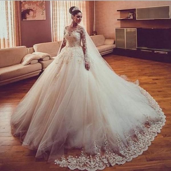 eye-catching bride ball gown wedding dresses lace appliques long sleeves wedding gown tulle bridal dresses vestido de noiva, White
eye-catching bride ball gown wedding dresses lace appliques long sleeves wedding gown tulle bridal dresses vestido de noiva, White