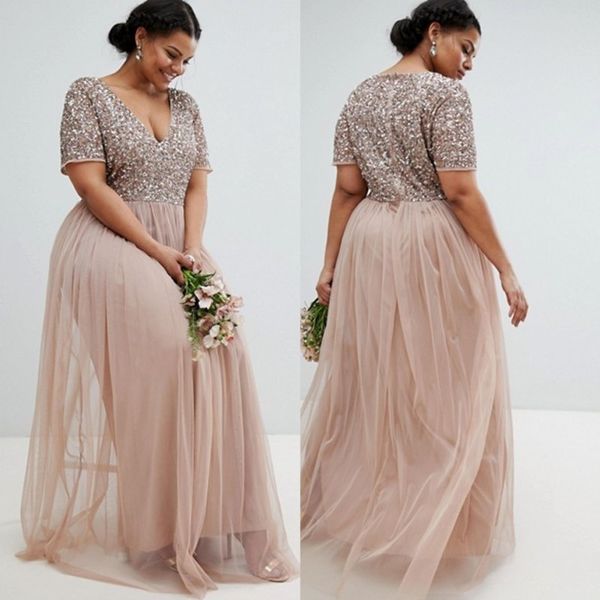 champagne sequined bridesmaid dresses with short sleeves v neck country maid of honor gowns floor length tulle wedding guest dress, White;pink
champagne sequined bridesmaid dresses with short sleeves v neck country maid of honor gowns floor length tulle wedding guest dress, White;pink