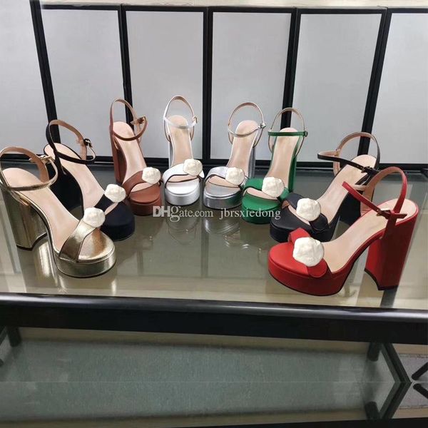 designer high heeled sandals waterproof platform rough heel leather fashion woman shoes metal buckle for parties and banquets sandals, Black