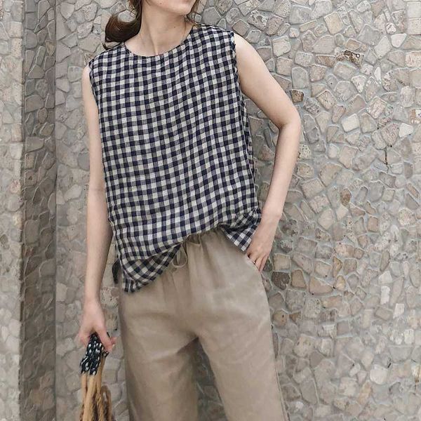 2020 summer new women's large art cotton linen plaid sleeveless vest shirt, White
2020 summer new women's large art cotton linen plaid sleeveless vest shirt, White