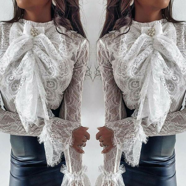 women lace long flare sleeve shirt casual soild blouse pullover autumn warm fashion formal slim lady officewear blouse, White
women lace long flare sleeve shirt casual soild blouse pullover autumn warm fashion formal slim lady officewear blouse, White