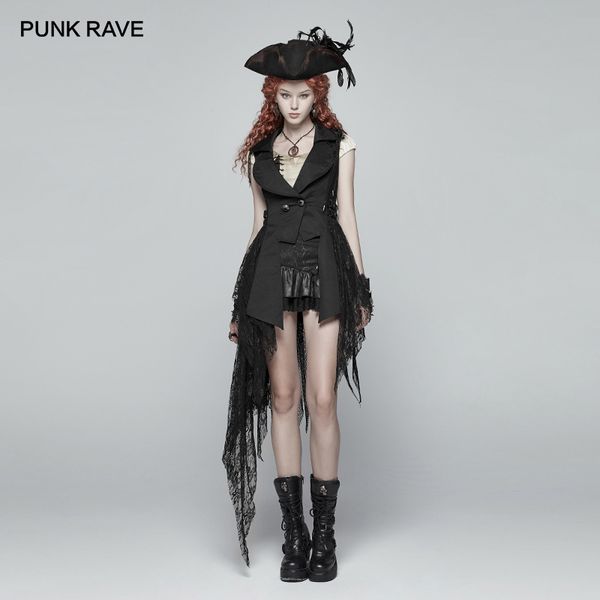 

punk rave steampunk retro style women black jacket gothic fashion asymmetric coat club party coat lace decoration, Black;brown