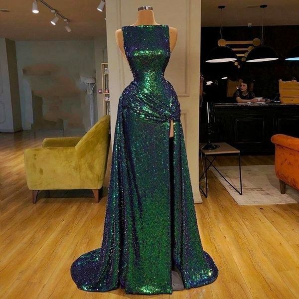 green sequined prom dresses bateau neck sleeveless sequins high split sheath evening dress formal party gowns custom made robe de soiree, Black
green sequined prom dresses bateau neck sleeveless sequins high split sheath evening dress formal party gowns custom made robe de soiree, Black