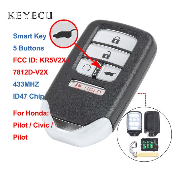 

keyecu 5 buttons smart remote car key fob 433mhz with id47 chip for piot cr-v civic 2016 2017 2018, fcc: kr5v2x, no logo