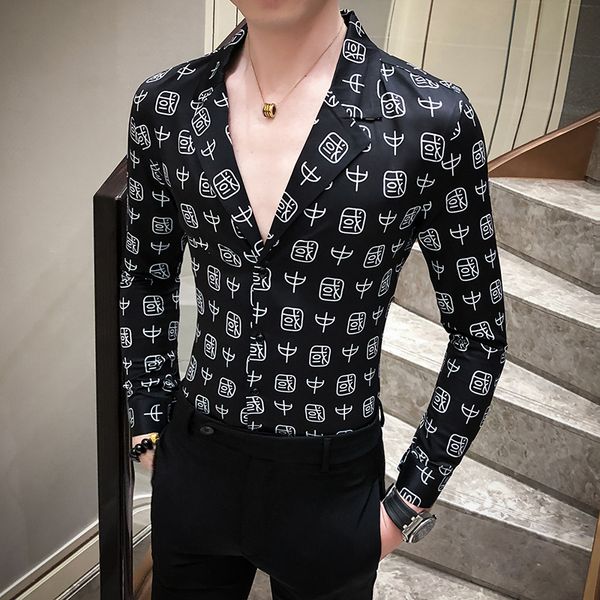 men's casual shirts for mens clothes big v-neck white party dress club outfits chinese characters printed, White;black
men's casual shirts for mens clothes big v-neck white party dress club outfits chinese characters printed, White;black