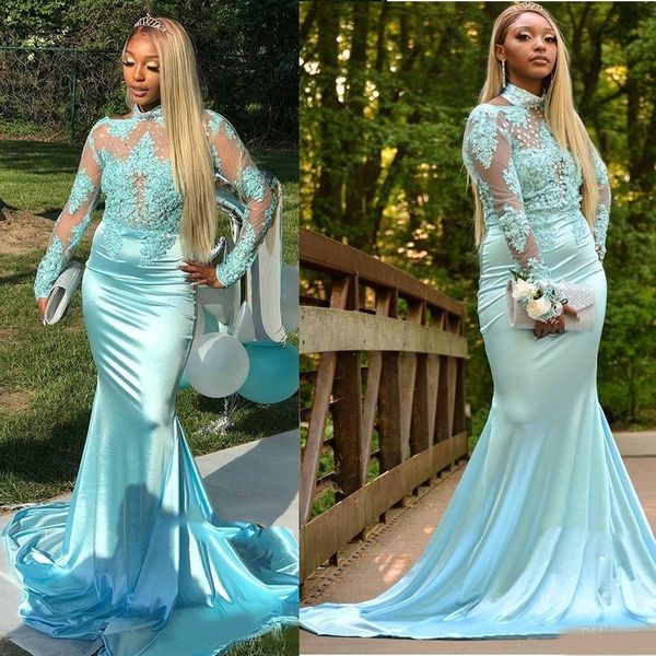 african light sky blue long sleeve gold lace prom dresses mermaid satin applique beaded high neck backless court train prom party gowns, Black
african light sky blue long sleeve gold lace prom dresses mermaid satin applique beaded high neck backless court train prom party gowns, Black