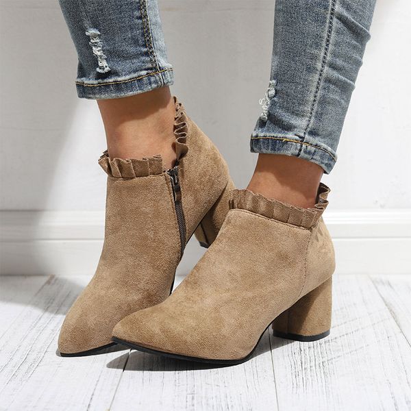 women autumn suede ruffle ankle boots pointed toe square heels ladies side zip female fashion shoes flock casual botas 2019 new, Black
women autumn suede ruffle ankle boots pointed toe square heels ladies side zip female fashion shoes flock casual botas 2019 new, Black