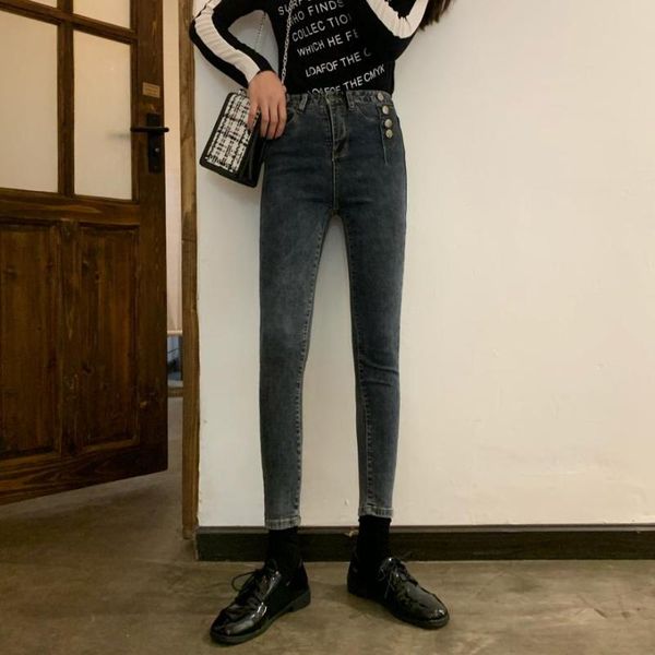 high waist slim jeans baggy retro students 2020 slim and tall leg jeans gray blue