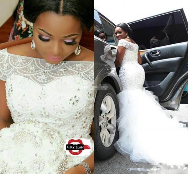 plus size arabic nigerian wedding dresses mermaid luxury beading pearls sheer bateau neck short sleeves chapel train tulle bridal gowns, White
plus size arabic nigerian wedding dresses mermaid luxury beading pearls sheer bateau neck short sleeves chapel train tulle bridal gowns, White