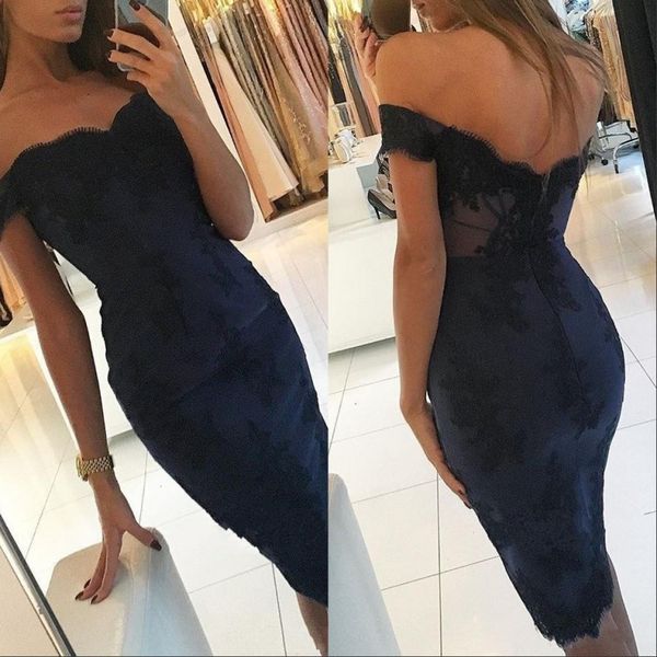 2020 elegant navy blue mermaid sheath cocktail dresses elegant off shoulder lace appliques backless knee length prom gowns mother dress, Black
2020 elegant navy blue mermaid sheath cocktail dresses elegant off shoulder lace appliques backless knee length prom gowns mother dress, Black