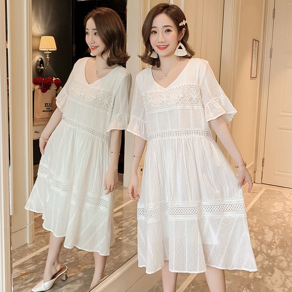 8680# summer korean fashion maternity dress v neck lace patchwork cotton large size loose clothes for pregnant women pregnancy, White
8680# summer korean fashion maternity dress v neck lace patchwork cotton large size loose clothes for pregnant women pregnancy, White
