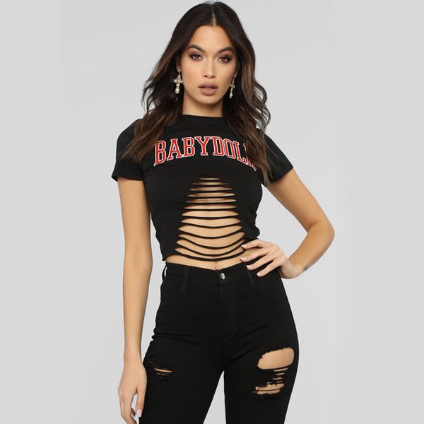 fashionable women's t-shirt 19189 hole printed women's t-shirt navel short size s-xl-1, White 
fashionable women's t-shirt 19189 hole printed women's t-shirt navel short size s-xl-1, White