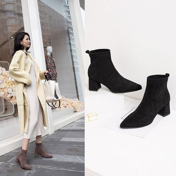 pointed toe stretch flock boots woman slim black/brown thick high heel botas mujer brief all match slip-on ankle booties
pointed toe stretch flock boots woman slim black/brown thick high heel botas mujer brief all match slip-on ankle booties