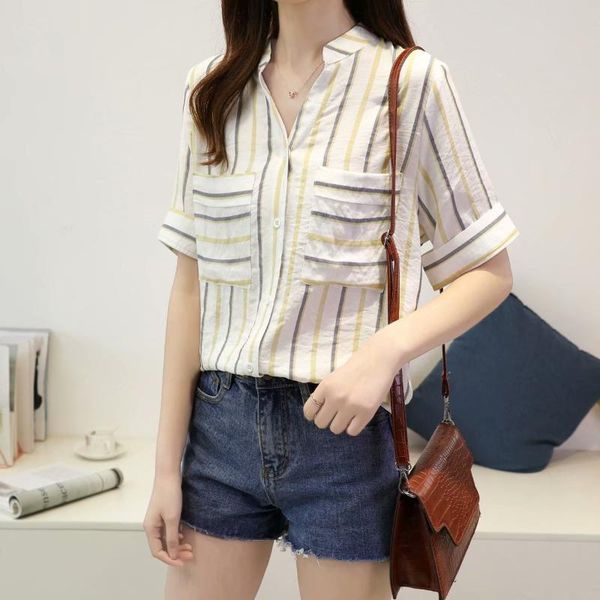 2019 summer wear mixed colors vertical striped short sleeve chiffon women's shirt fashion students loose-fit v-neck slimming hal, White
2019 summer wear mixed colors vertical striped short sleeve chiffon women's shirt fashion students loose-fit v-neck slimming hal, White