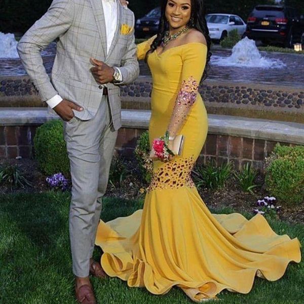2019 African Yellow Prom Dresses Beaded Long Sleeves Plus Size Evening Gowns Sweep Train Off Shoulder Cocktail Party Dress Custom Made