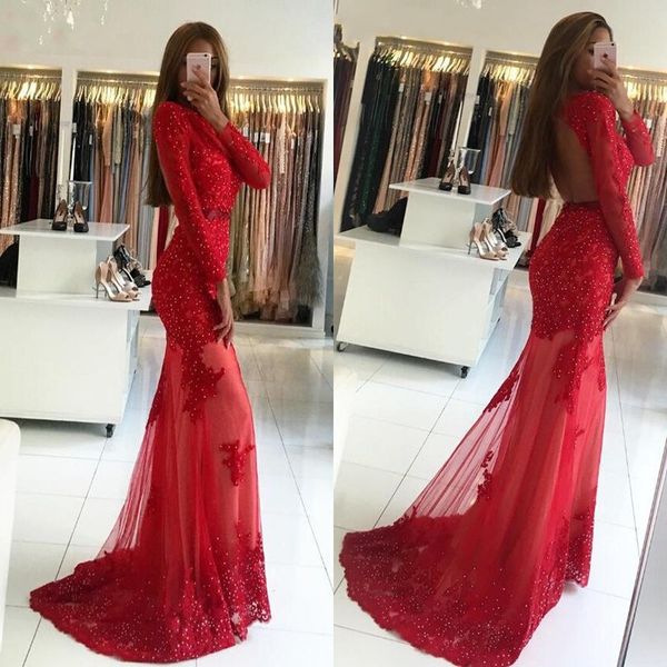 chic lace appliques beads red evening gowns long sleeve open back sweep train tulle mermaid prom dresses vestidos de fiesta 2019, Black;red
chic lace appliques beads red evening gowns long sleeve open back sweep train tulle mermaid prom dresses vestidos de fiesta 2019, Black;red
