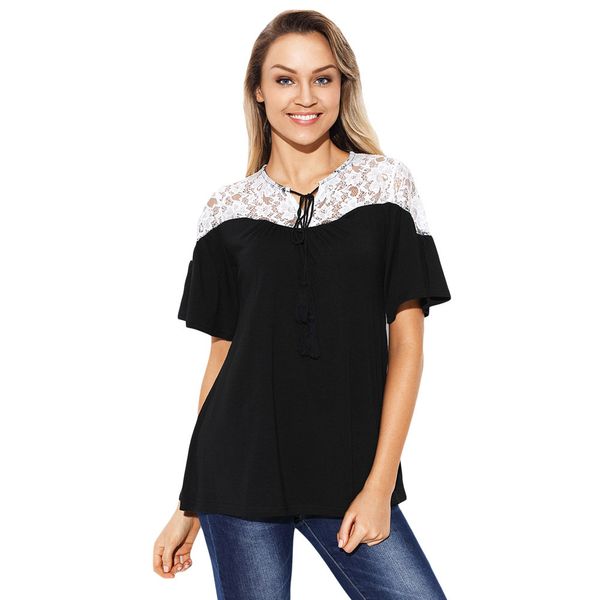 lace patchwork t shirt casual short butterfly sleeve lace up tees summer o neck tee shirts for women, White
lace patchwork t shirt casual short butterfly sleeve lace up tees summer o neck tee shirts for women, White