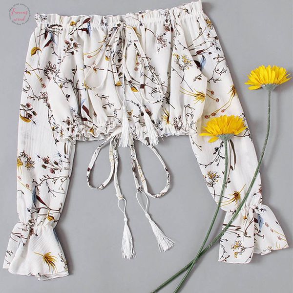 new fashionable women summer off shoulder chiffon long sleeve floral print spring cropped clothes t shirt, White
new fashionable women summer off shoulder chiffon long sleeve floral print spring cropped clothes t shirt, White