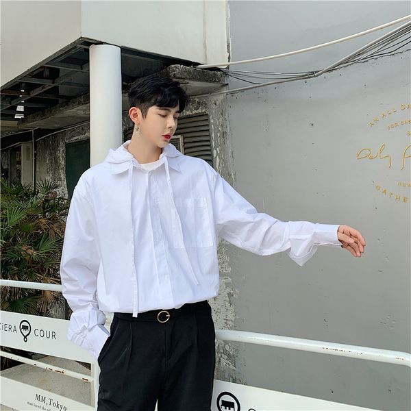 men long sleeve casual hooded shirt male streetwear hip hop loose white outerwear shirt coat, White;black
men long sleeve casual hooded shirt male streetwear hip hop loose white outerwear shirt coat, White;black