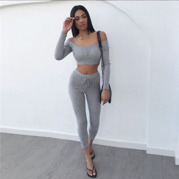 2020 осень зима женщины хлопок tracksuit 2 piece set одежда сплошной костюм женщина с плеча crop top брюки установить костюмы, Gray
2020 осень зима женщины хлопок tracksuit 2 piece set одежда сплошной костюм женщина с плеча crop top брюки установить костюмы, Gray