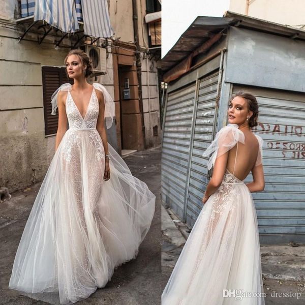 berta 2018 elegant lace wedding dresses backless v neckline illusion bodice floor length open back bridal gowns, White
berta 2018 elegant lace wedding dresses backless v neckline illusion bodice floor length open back bridal gowns, White