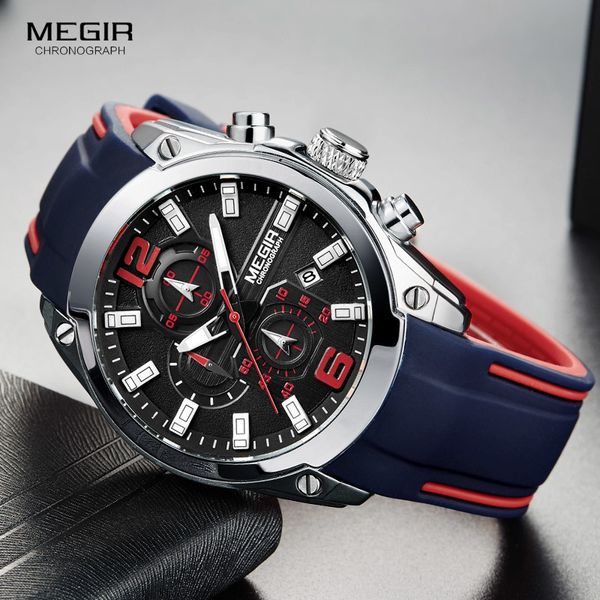 

megir men's chronograph analog quartz watch with date, luminous hands, waterproof silicone rubber strap wristswatch for man t190701, Slivery;brown