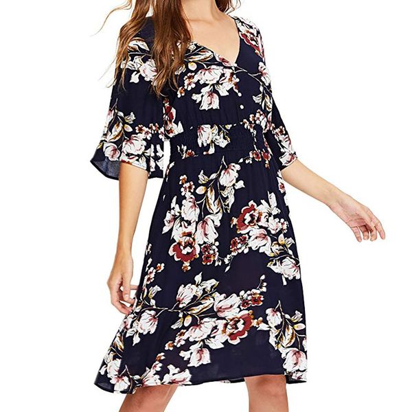 women's spring summer dress casual printed buckle v neck dress feminine female dresses vestidos, Black;gray
women's spring summer dress casual printed buckle v neck dress feminine female dresses vestidos, Black;gray