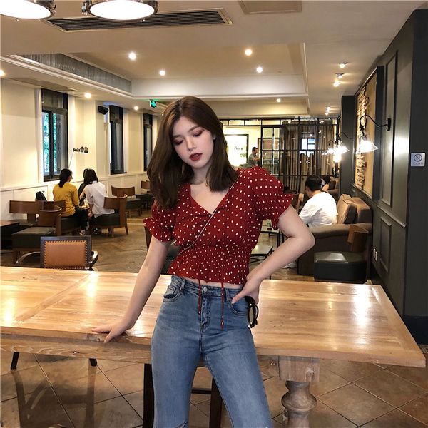 summer vintage red polka dot short shirt women's slim korean version chic new missing navel short sleeve shirt, White
summer vintage red polka dot short shirt women's slim korean version chic new missing navel short sleeve shirt, White