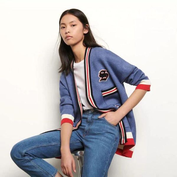 2020 spring and summer college style contrast color casual stripes women's knitted cardigan coat, White
2020 spring and summer college style contrast color casual stripes women's knitted cardigan coat, White