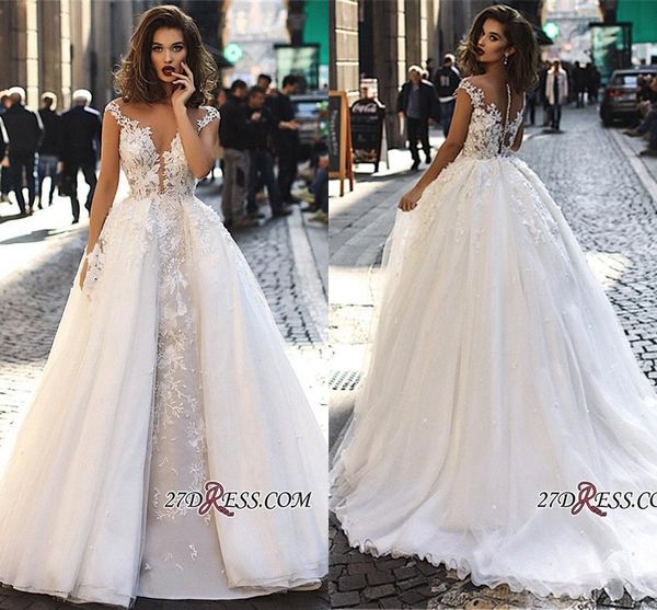2019 Elegant Cap Sleeves Lace Wedding Dresses A Line Tulle Lace Applique Sheer Back Bridal Gowns with Detachable Overskirts BC1129
2019 Elegant Cap Sleeves Lace Wedding Dresses A Line Tulle Lace Applique Sheer Back Bridal Gowns with Detachable Overskirts BC1129