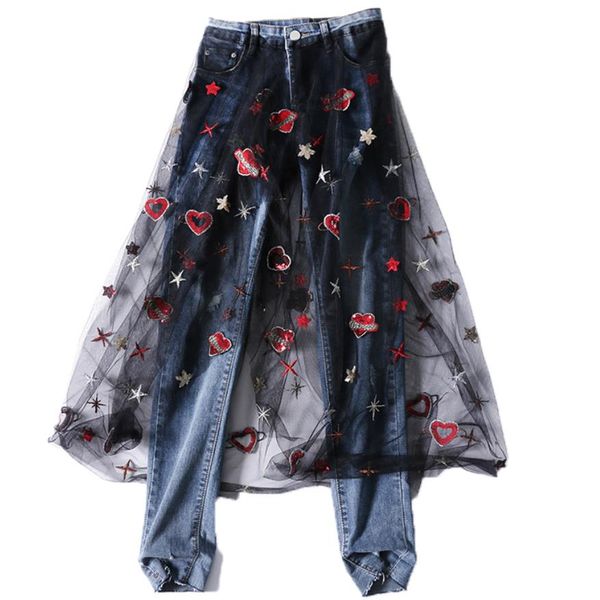 spring summer fashion patchwork mesh denim pencil women ripped sequined high waist vintage skinny pencil jeans, Blue
spring summer fashion patchwork mesh denim pencil women ripped sequined high waist vintage skinny pencil jeans, Blue