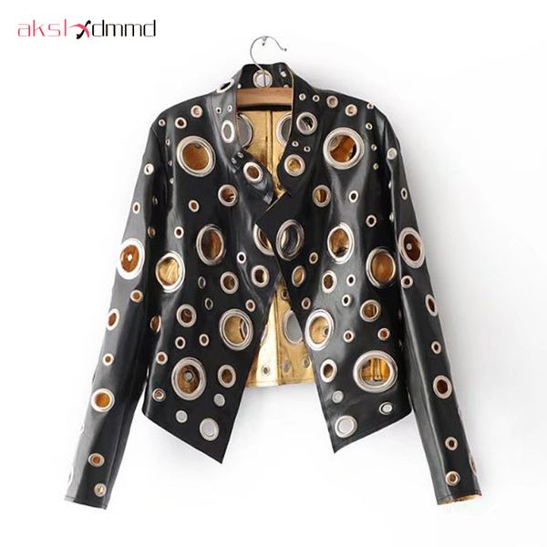 akslxdmmd spring pu round hole women jacket gold silver color stand collar long sleeve coat leather clothing yr032, Black
akslxdmmd spring pu round hole women jacket gold silver color stand collar long sleeve coat leather clothing yr032, Black