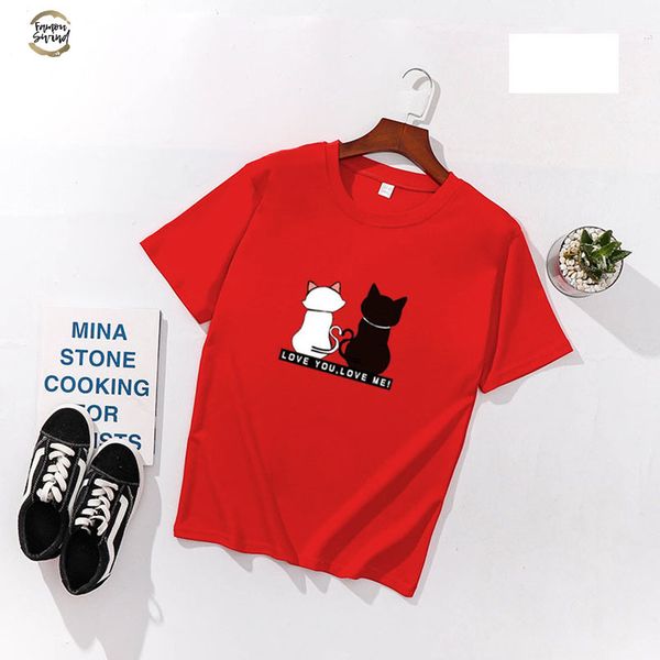 two cats print women t shirts spring summer short sleeve o neck cotton spandex women tees fit women t shirts, White
two cats print women t shirts spring summer short sleeve o neck cotton spandex women tees fit women t shirts, White