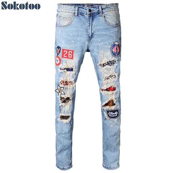 sokotoo men's plus size badge patches ripped jeans slim skinny patchwork holes distressed stretch denim pants, Blue
sokotoo men's plus size badge patches ripped jeans slim skinny patchwork holes distressed stretch denim pants, Blue