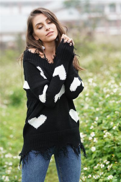 women's cute heart pattern patchwork tassel casual long sleeve v neck knits sweater pullover 7colors, White;black
women's cute heart pattern patchwork tassel casual long sleeve v neck knits sweater pullover 7colors, White;black