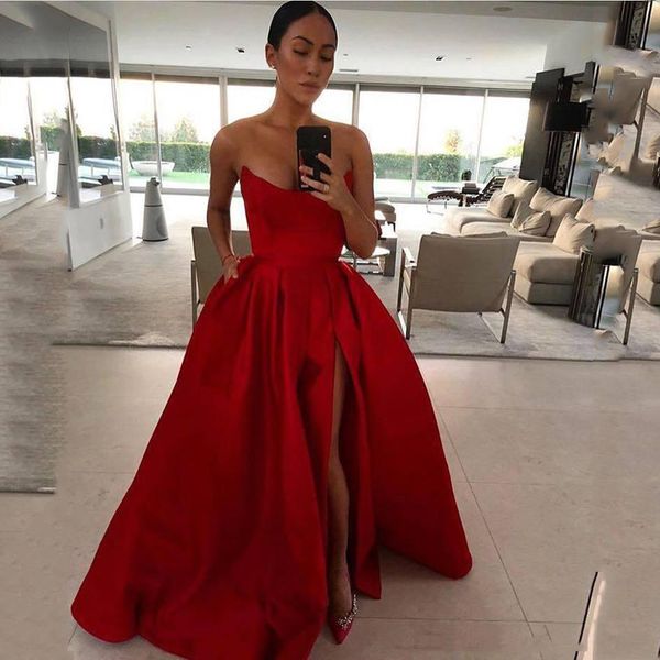 custom strapless red split long prom dresses 2019 sweep train lace up back satin formal evening party gowns, Black
custom strapless red split long prom dresses 2019 sweep train lace up back satin formal evening party gowns, Black