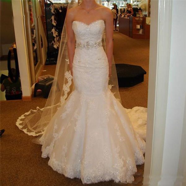 sweetheart mermaid wedding dresses crystals beaded lace appliques sweep train bridal gowns lace up back custom made wedding vestidos, White
sweetheart mermaid wedding dresses crystals beaded lace appliques sweep train bridal gowns lace up back custom made wedding vestidos, White