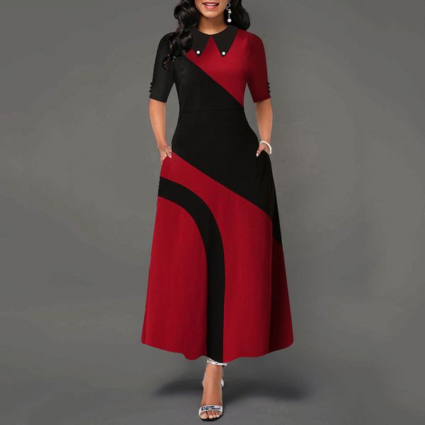 a line color block office dress elegant women peter pan collar half sleeve african ladies work wear long maxi dress female fall, Black;gray 
a line color block office dress elegant women peter pan collar half sleeve african ladies work wear long maxi dress female fall, Black;gray