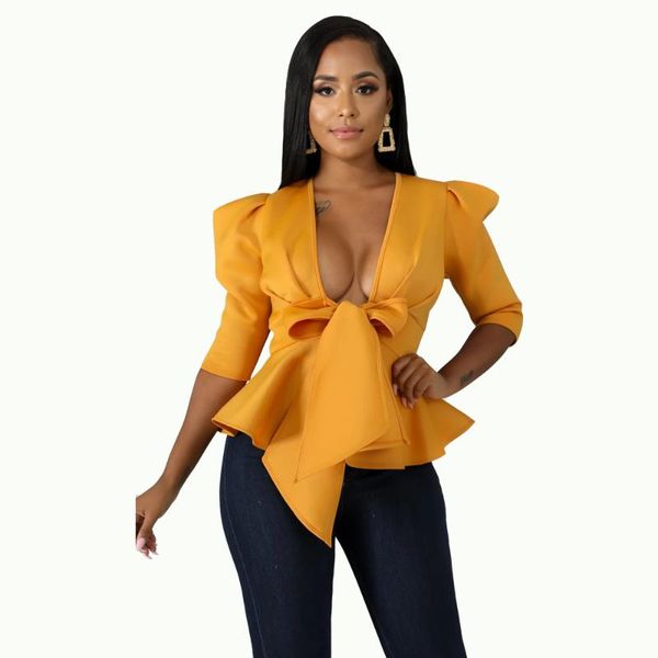 adogirl solid ruffle hem bow tie women fashion coat v neck puff sleeve slim blazer short jacket casual business wear, Black;brown
adogirl solid ruffle hem bow tie women fashion coat v neck puff sleeve slim blazer short jacket casual business wear, Black;brown