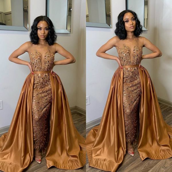 luxury gold prom dresses 2019 sheer neck lace applique crystals evening gowns with detachable train plus size african robes de soirée, Black
luxury gold prom dresses 2019 sheer neck lace applique crystals evening gowns with detachable train plus size african robes de soirée, Black