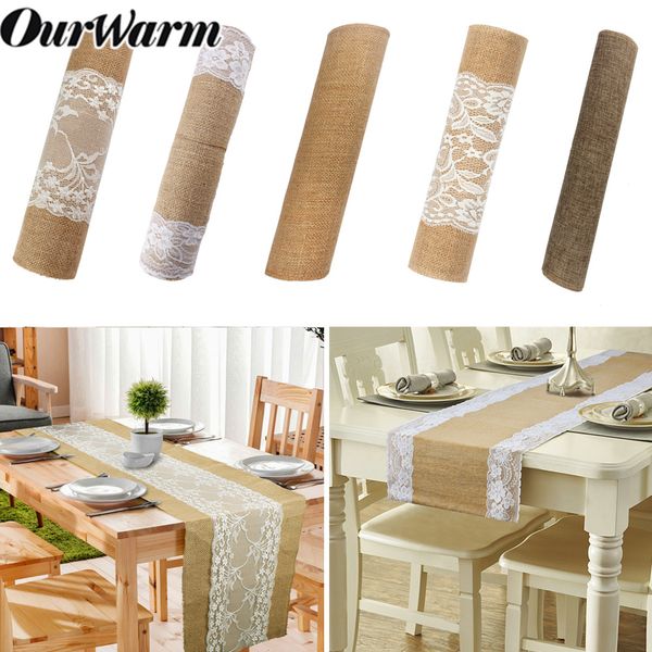 

ourwarm hessian burlap lace table runner natural jute rustic table cover cloth home wedding banquet party decoration 275cm