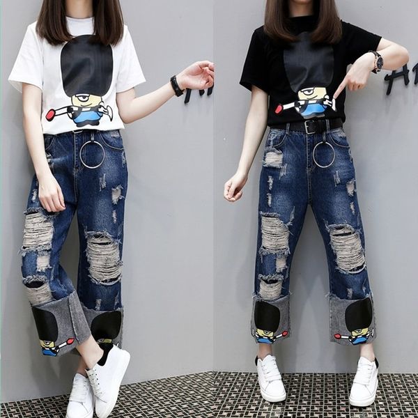 2019 summer women's wear cartoon hole turn over wide legs jeans + cotton t shirt, Blue
2019 summer women's wear cartoon hole turn over wide legs jeans + cotton t shirt, Blue