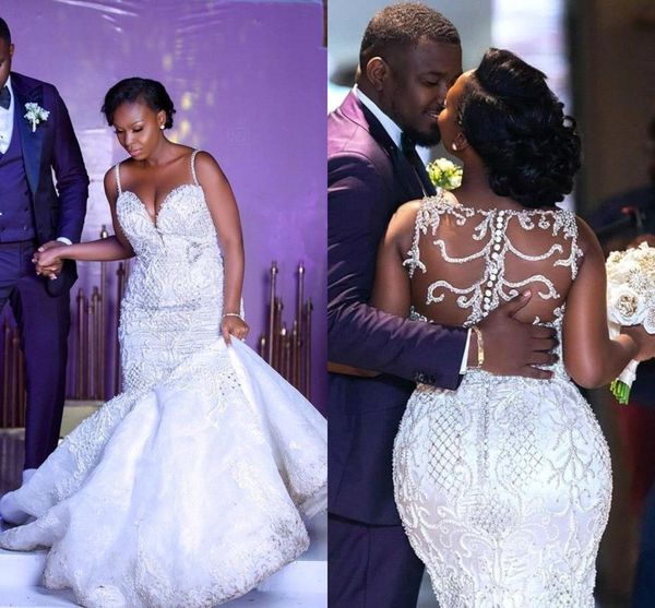 african arabic crystals mermaid wedding dresses 2019 straps spaghetti lace appliques sheer back plus size bridal gowns custom made, White
african arabic crystals mermaid wedding dresses 2019 straps spaghetti lace appliques sheer back plus size bridal gowns custom made, White