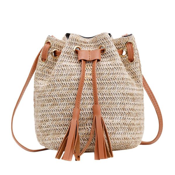 new drawstring women's straw bucket bag summer woven shoulder bags shopping purse beach handbag straw handbags travel bag