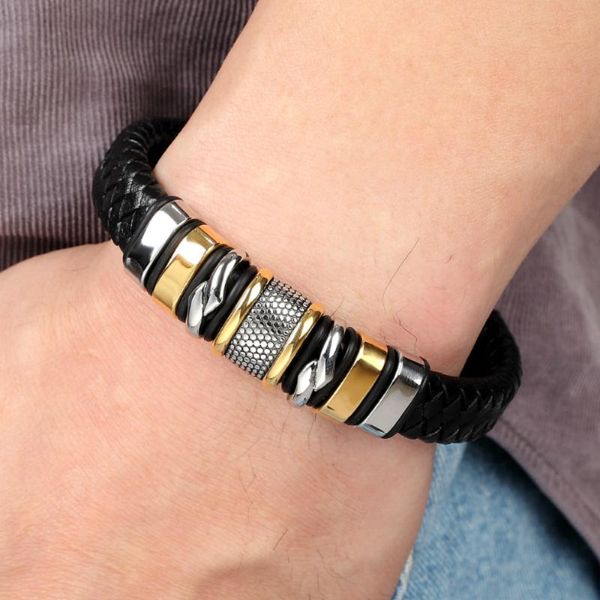 2020 new design genuine leather bracelets for men geometric stitching gold&steel color for birthday party gift, Black
2020 new design genuine leather bracelets for men geometric stitching gold&steel color for birthday party gift, Black