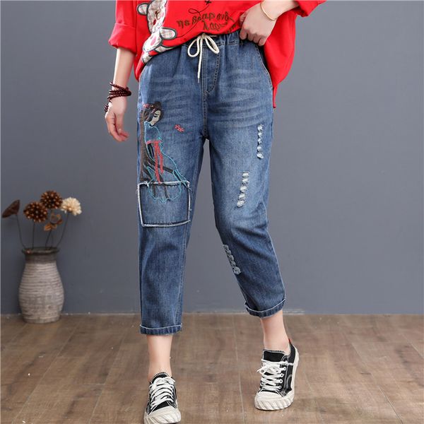 women's jeans denim trousers casual loose pants with embroidery calf-length jean femme, Blue
women's jeans denim trousers casual loose pants with embroidery calf-length jean femme, Blue