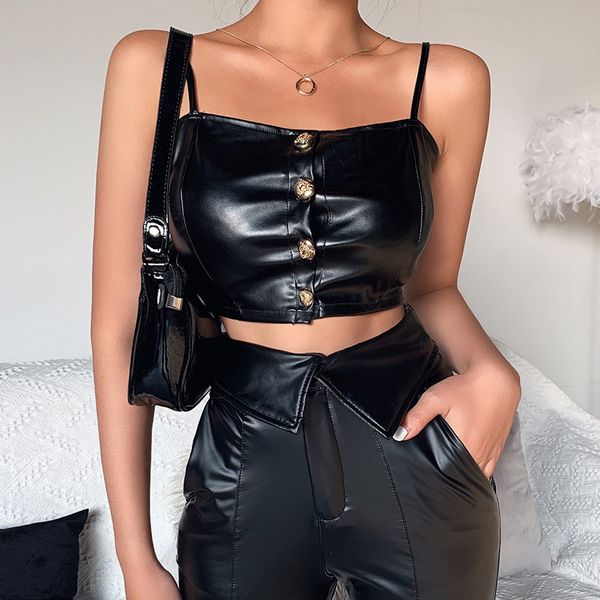 women pu leather crop solid color spaghetti strap sleeveless button streetwear punk style nightclub wear female, White
women pu leather crop solid color spaghetti strap sleeveless button streetwear punk style nightclub wear female, White